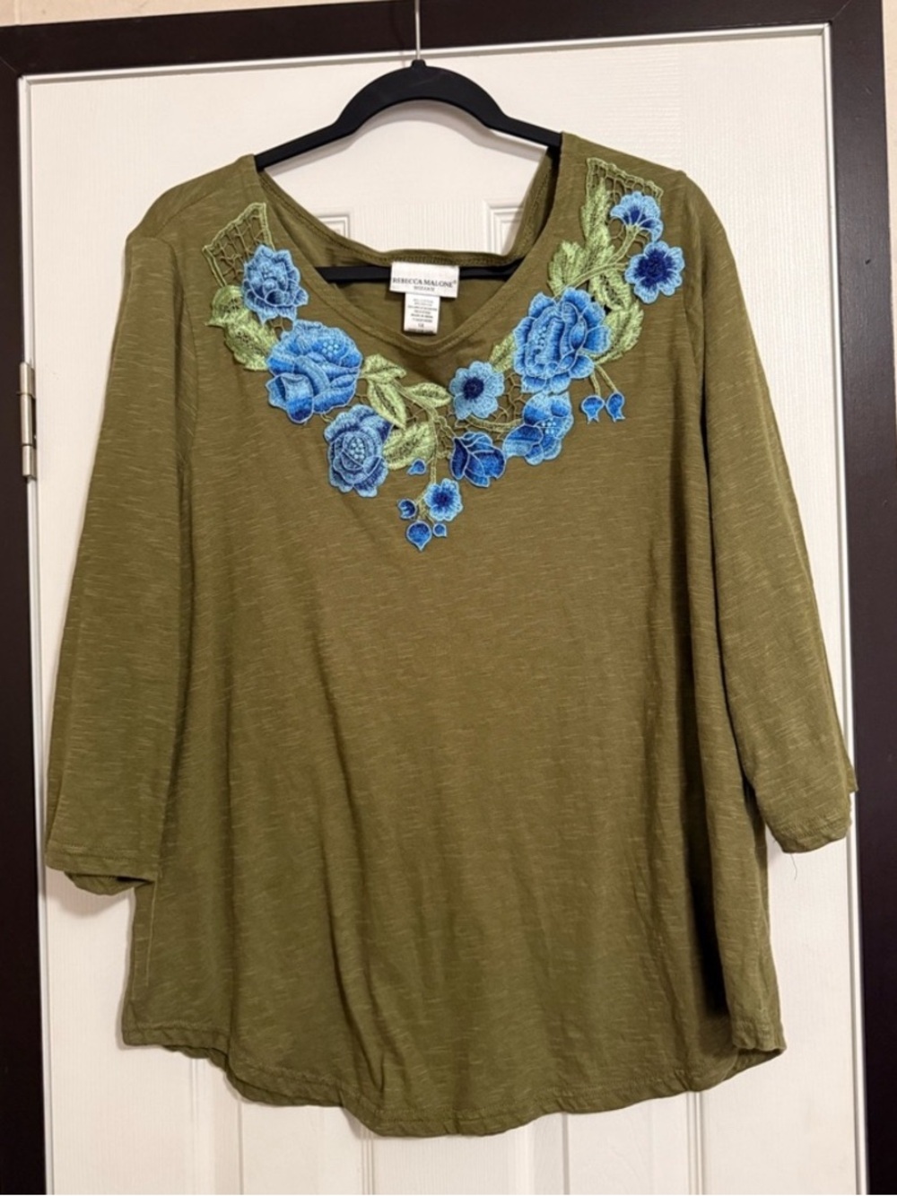 Rebecca Malone Woman Olive Green Embroidered Floral Top 1X